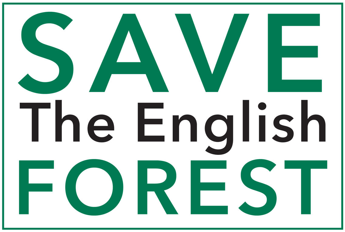 Green and black sans-serif text reading "Save the English Forest", bordered by a green box